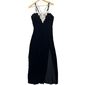 Nadine 90s Black Velvet White lace Crochet V Neck Prom Evening Dress Women 13